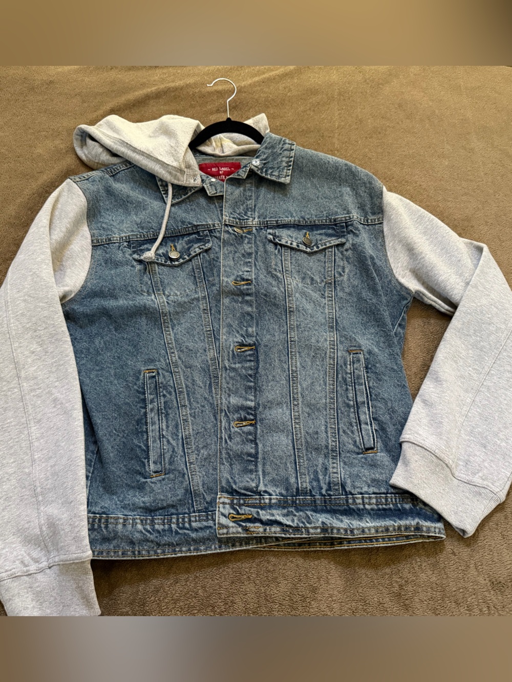 New multi-medium Denim Jacket with Gray Hoodie Sleeves